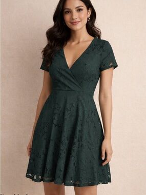Black Swan Dark Green Lace Dress V Neck Fit Flare Wedding Guest M